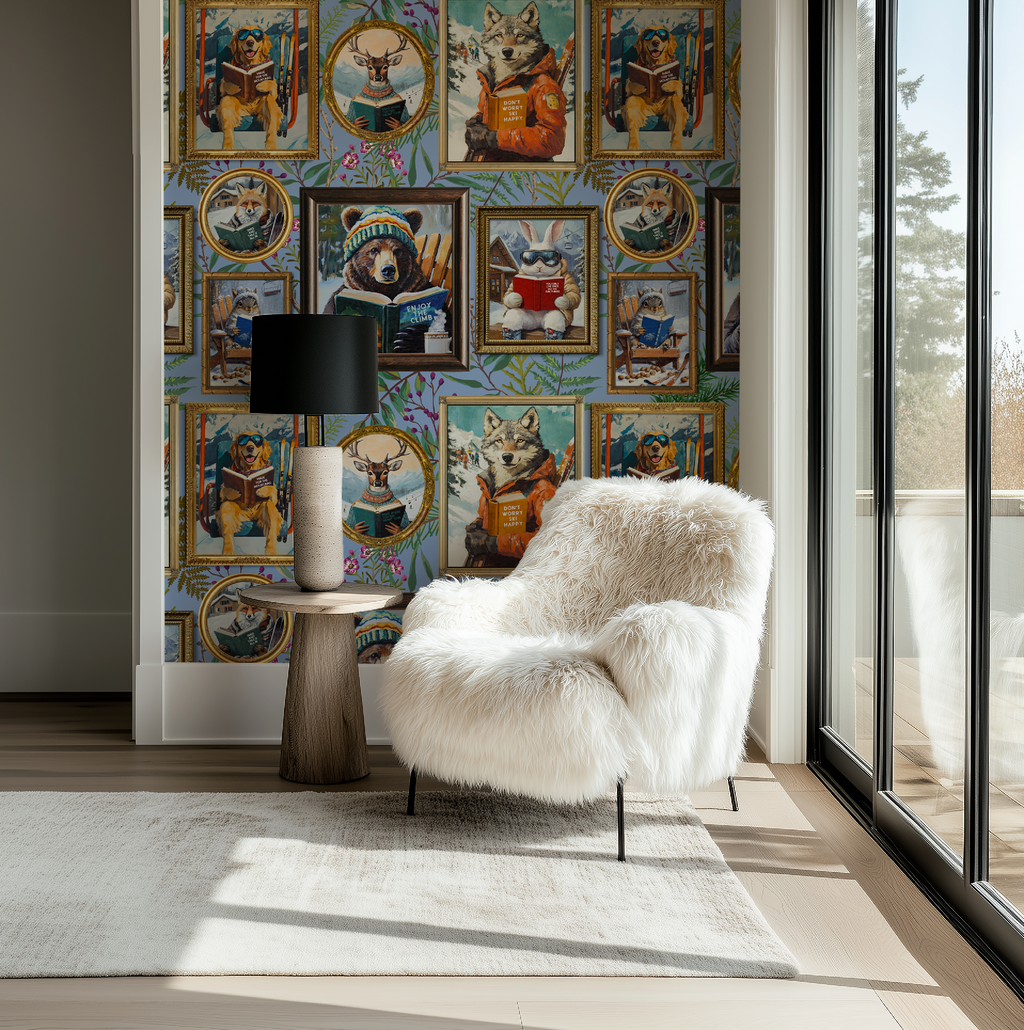 Whimsical Animals Reading Ski Lodge Blue Wallpaper