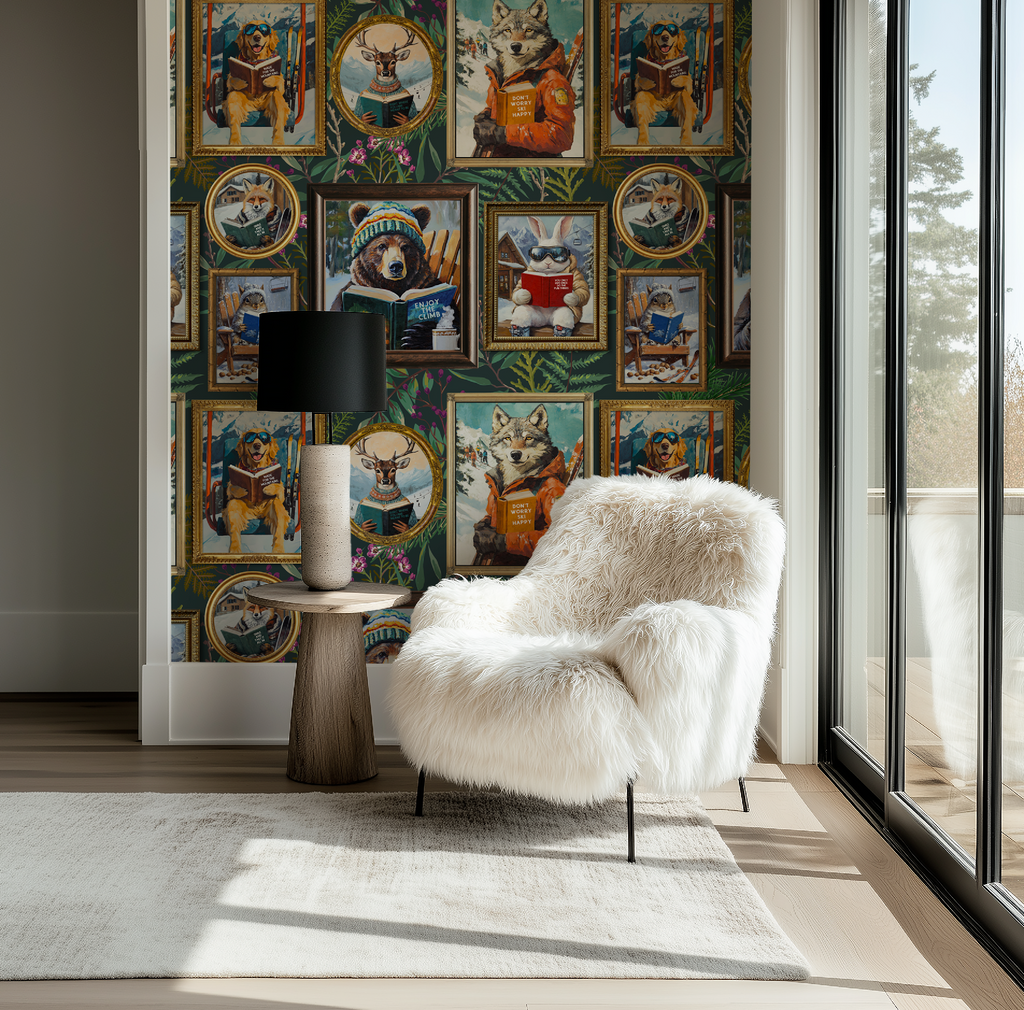 Whimsical Animals Reading Ski Lodge Green Wallpaper