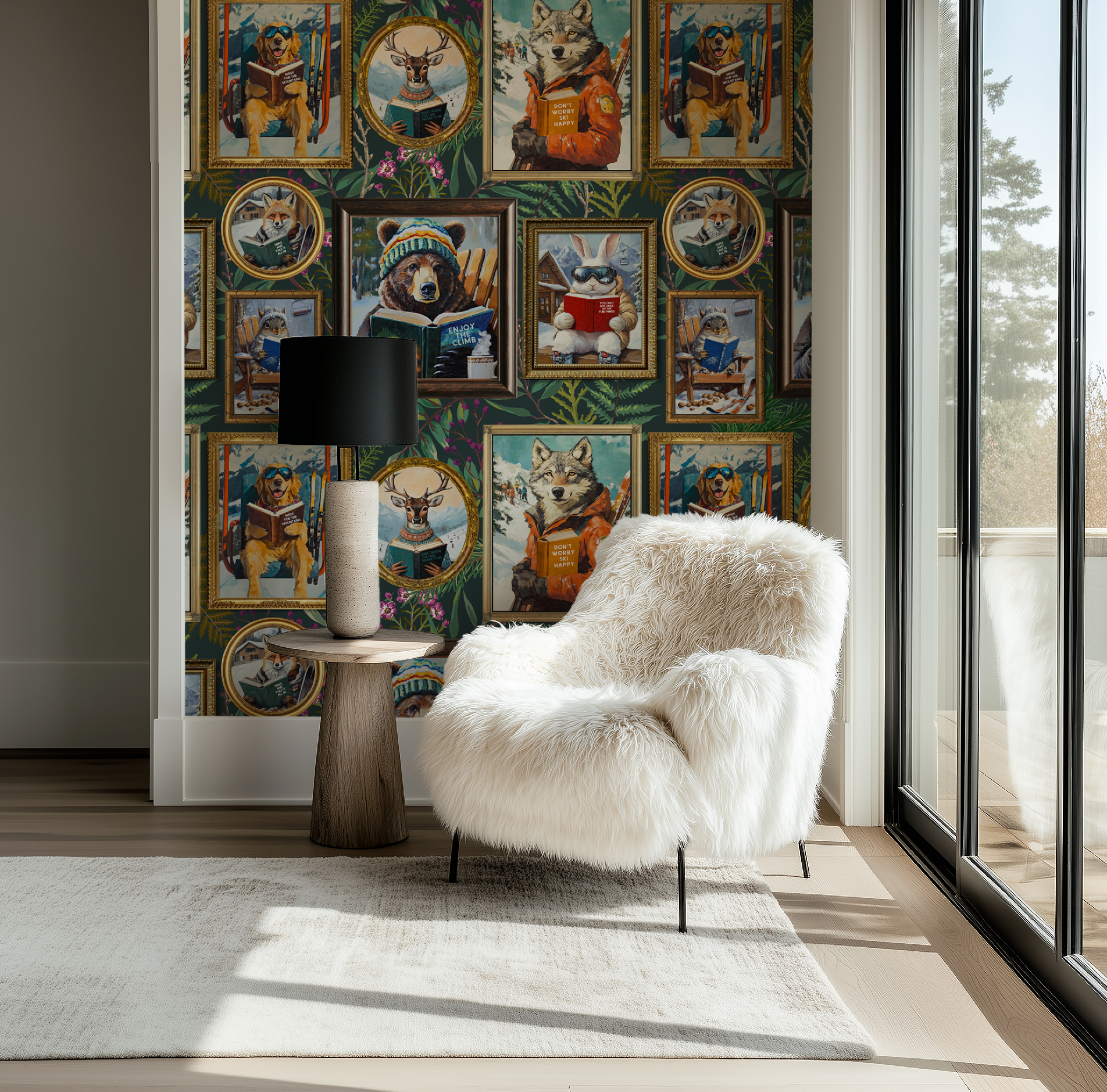 Whimsical Animals Reading Ski Lodge Green Wallpaper
