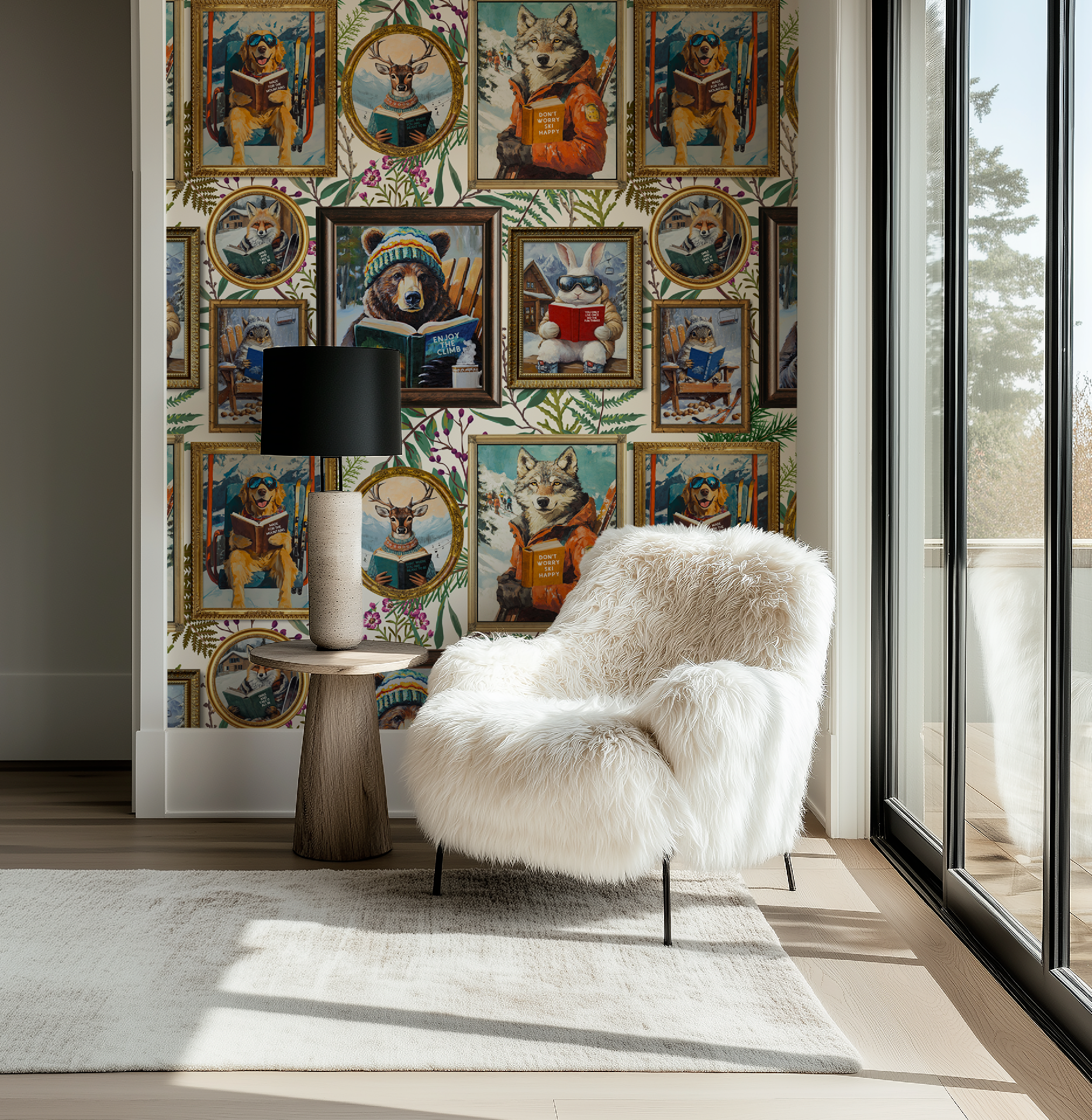 Whimsical Animals Reading Ski Lodge Ivory Wallpaper