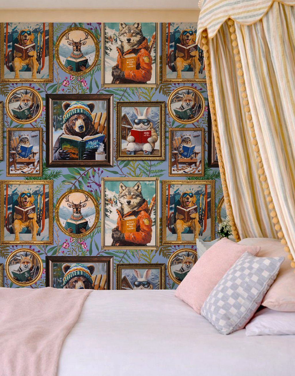Whimsical Animals Reading Ski Lodge Blue Wallpaper
