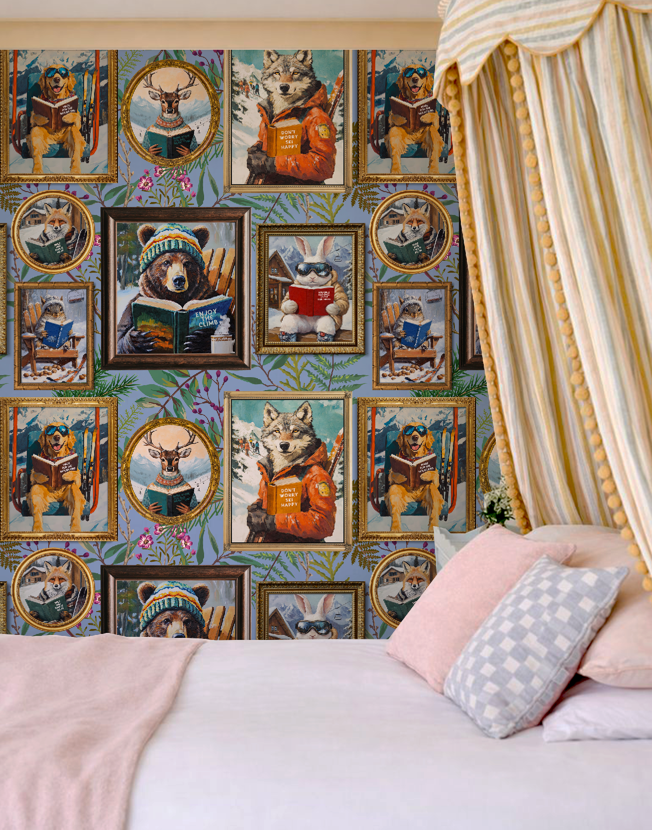 Whimsical Animals Reading Ski Lodge Blue Wallpaper