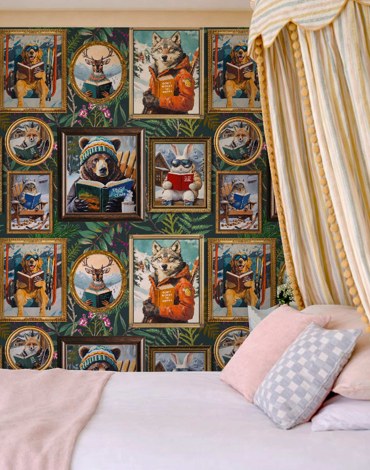 Whimsical Animals Reading Ski Lodge Green Wallpaper