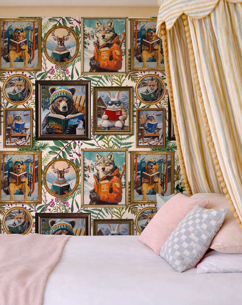 Whimsical Animals Reading Ski Lodge Ivory Wallpaper