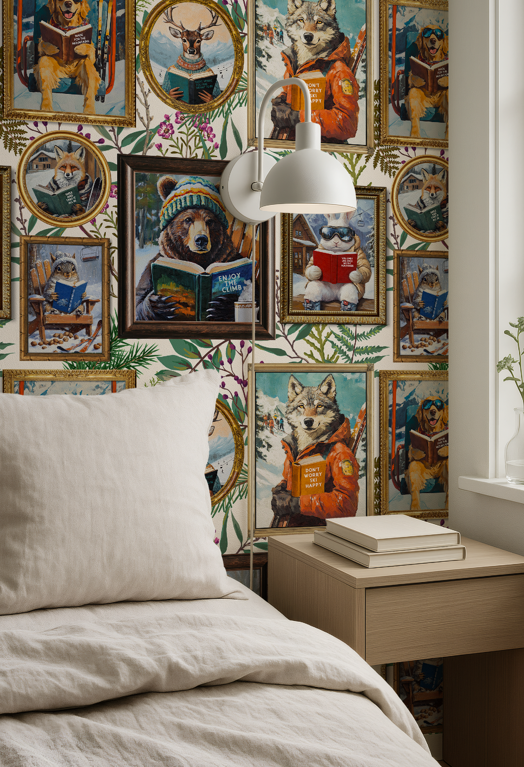 Whimsical Animals Reading Ski Lodge Ivory Wallpaper