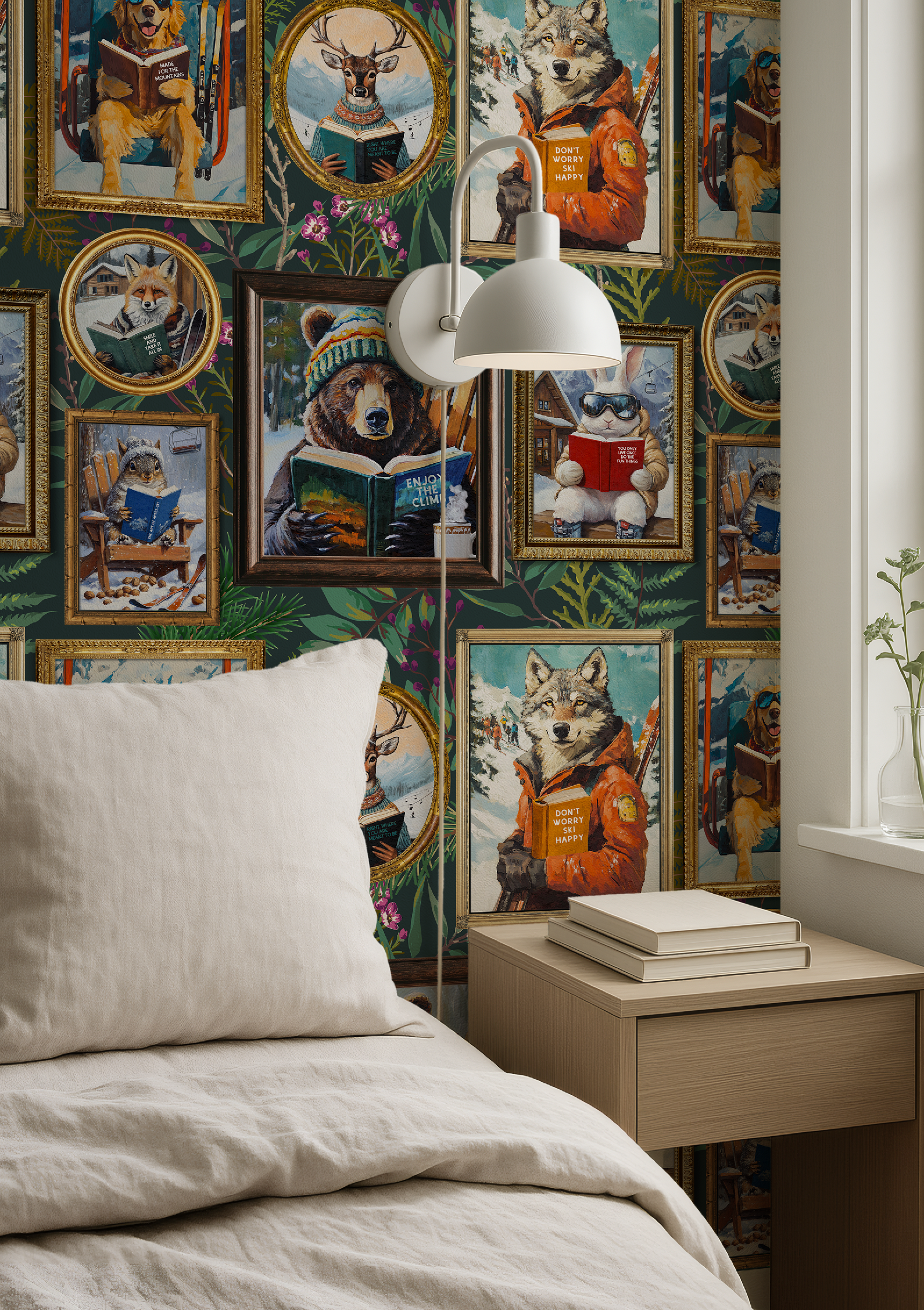 Whimsical Animals Reading Ski Lodge Green Wallpaper