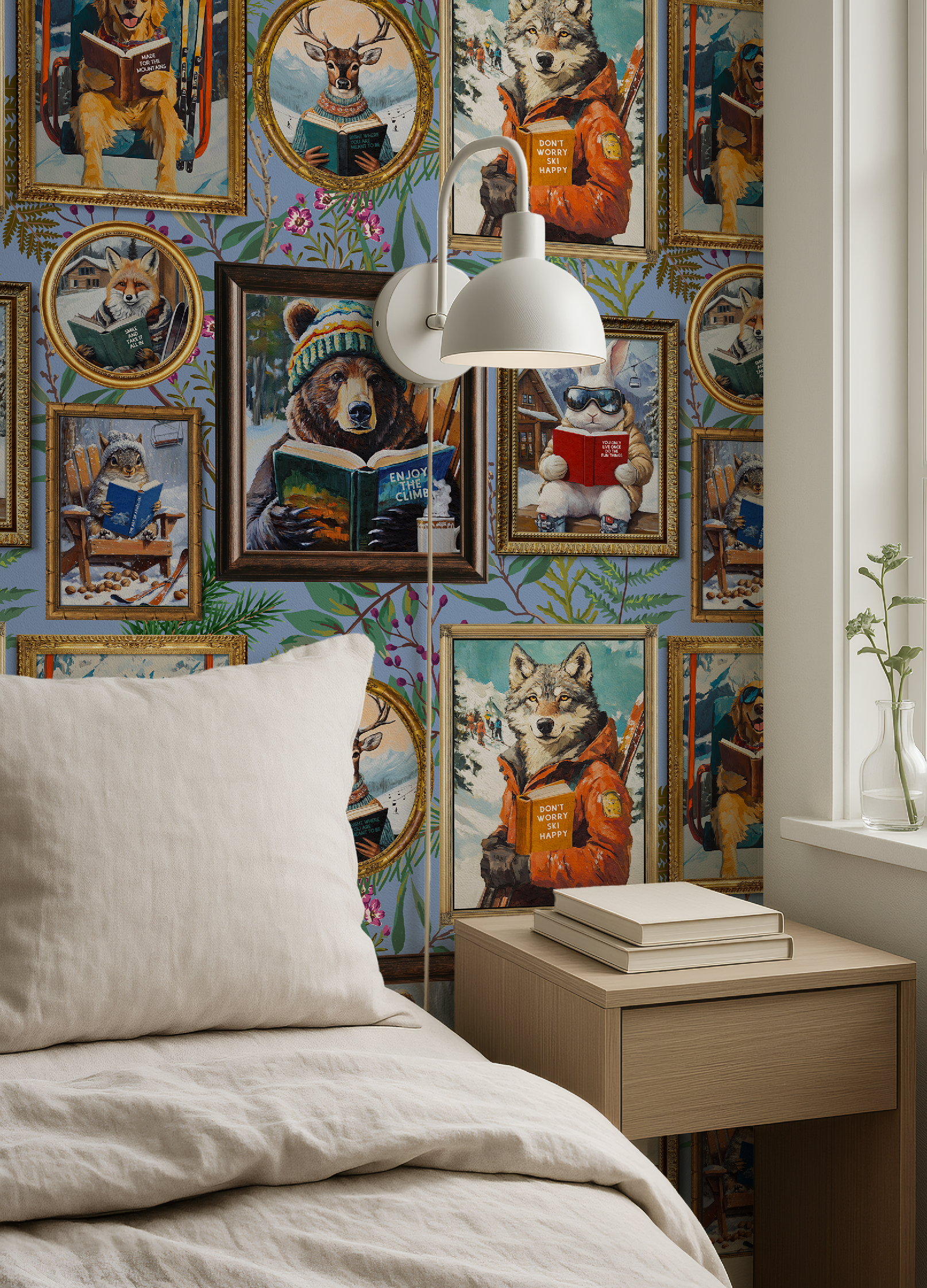 Whimsical Animals Reading Ski Lodge Blue Wallpaper