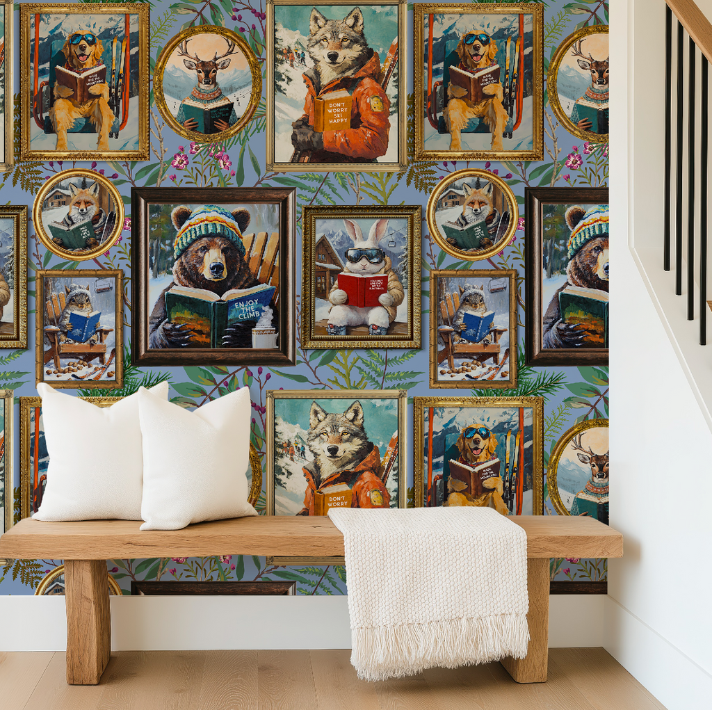 Whimsical Animals Reading Ski Lodge Blue Wallpaper