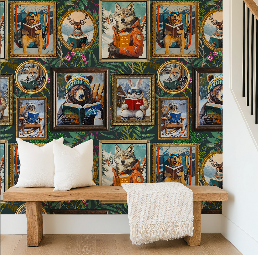 Whimsical Animals Reading Ski Lodge Green Wallpaper