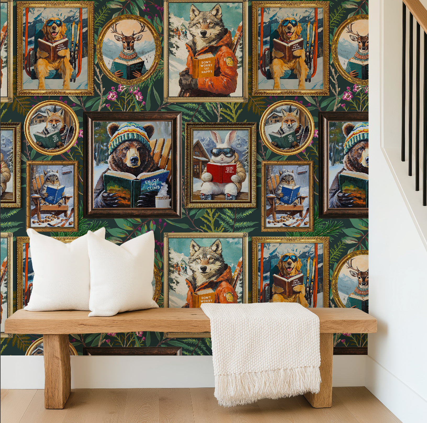 Whimsical Animals Reading Ski Lodge Green Wallpaper
