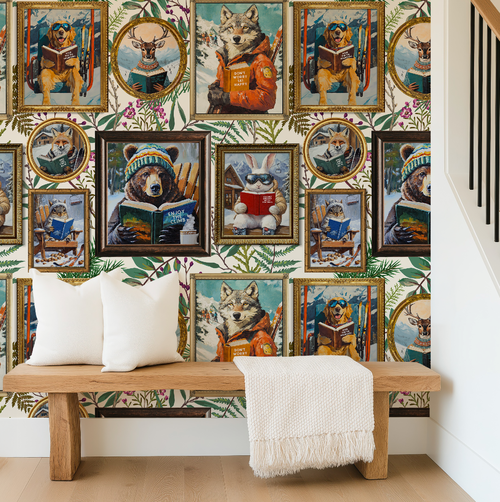 Whimsical Animals Reading Ski Lodge Ivory Wallpaper