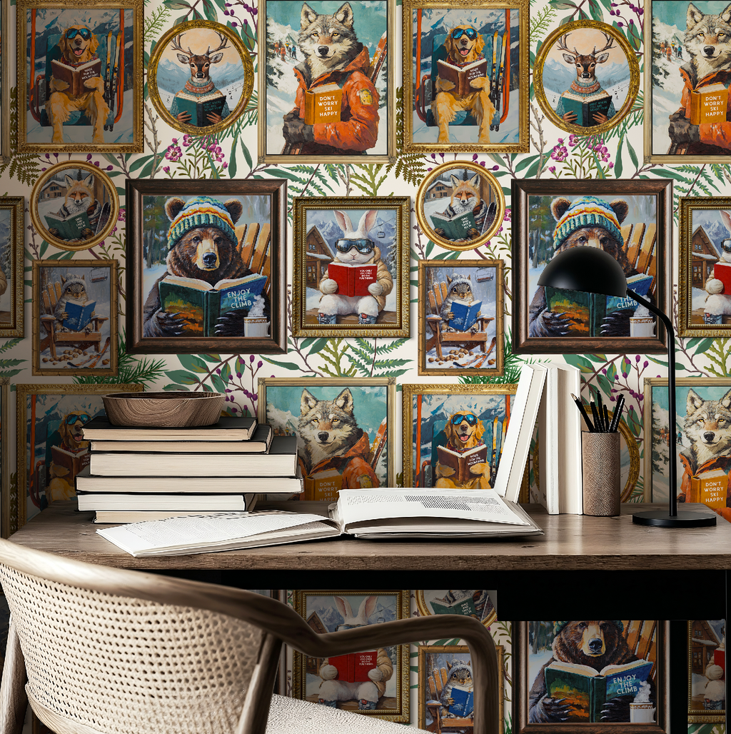 Whimsical Animals Reading Ski Lodge Ivory Wallpaper
