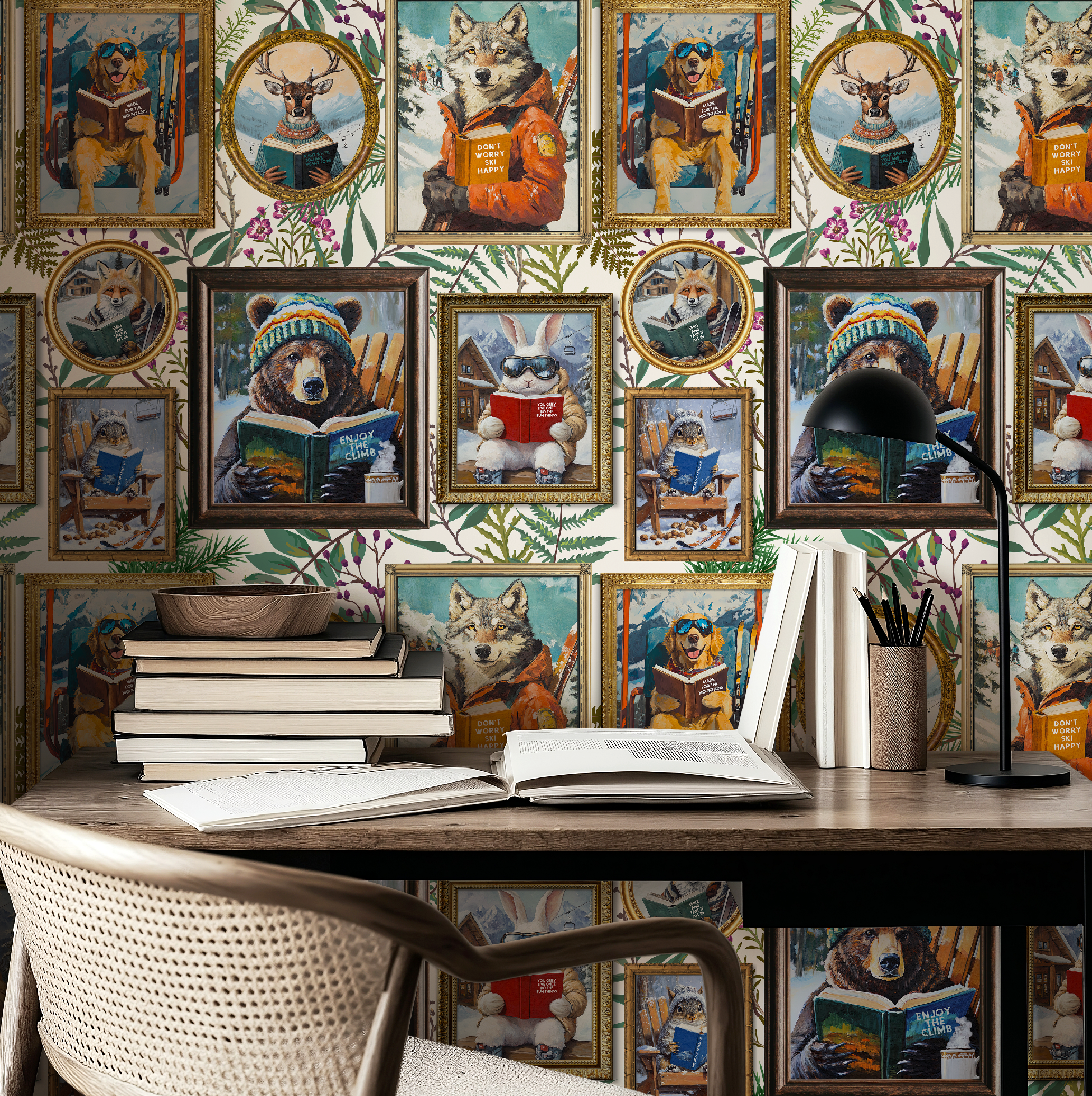 Whimsical Animals Reading Ski Lodge Ivory Wallpaper