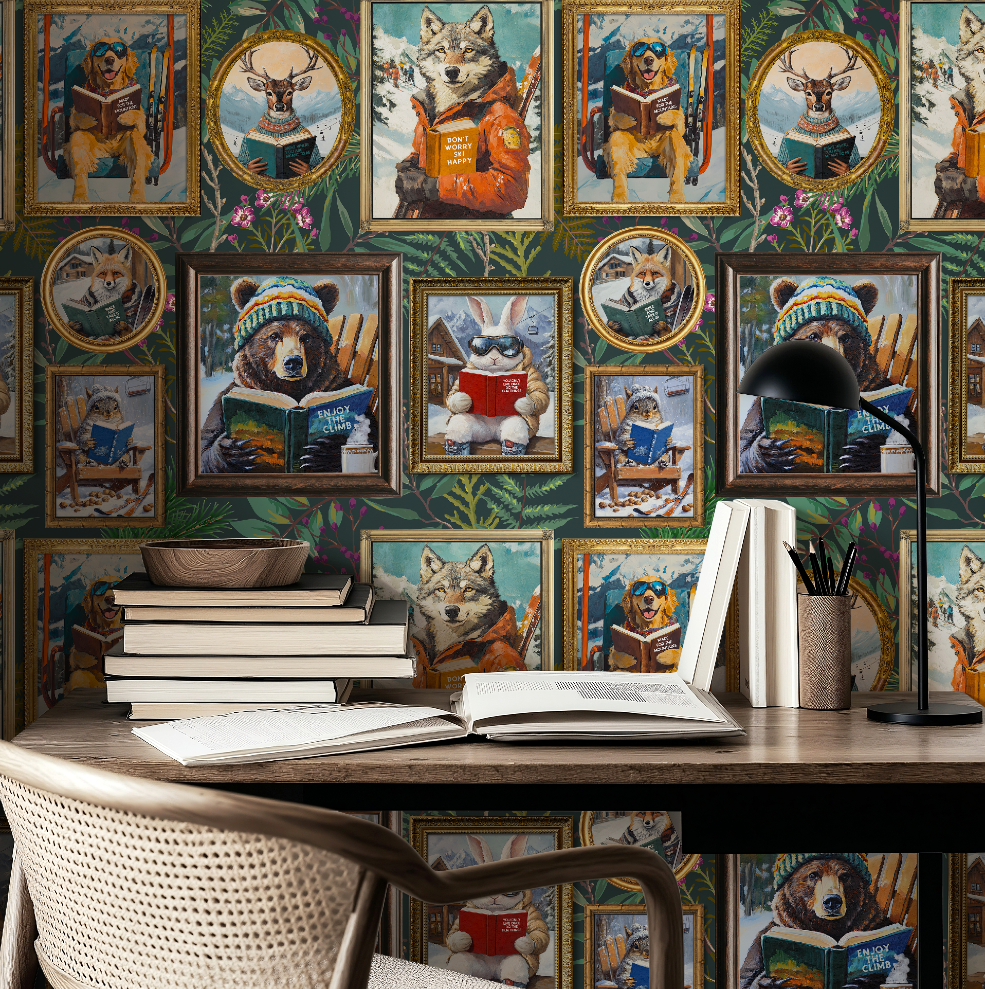 Whimsical Animals Reading Ski Lodge Green Wallpaper
