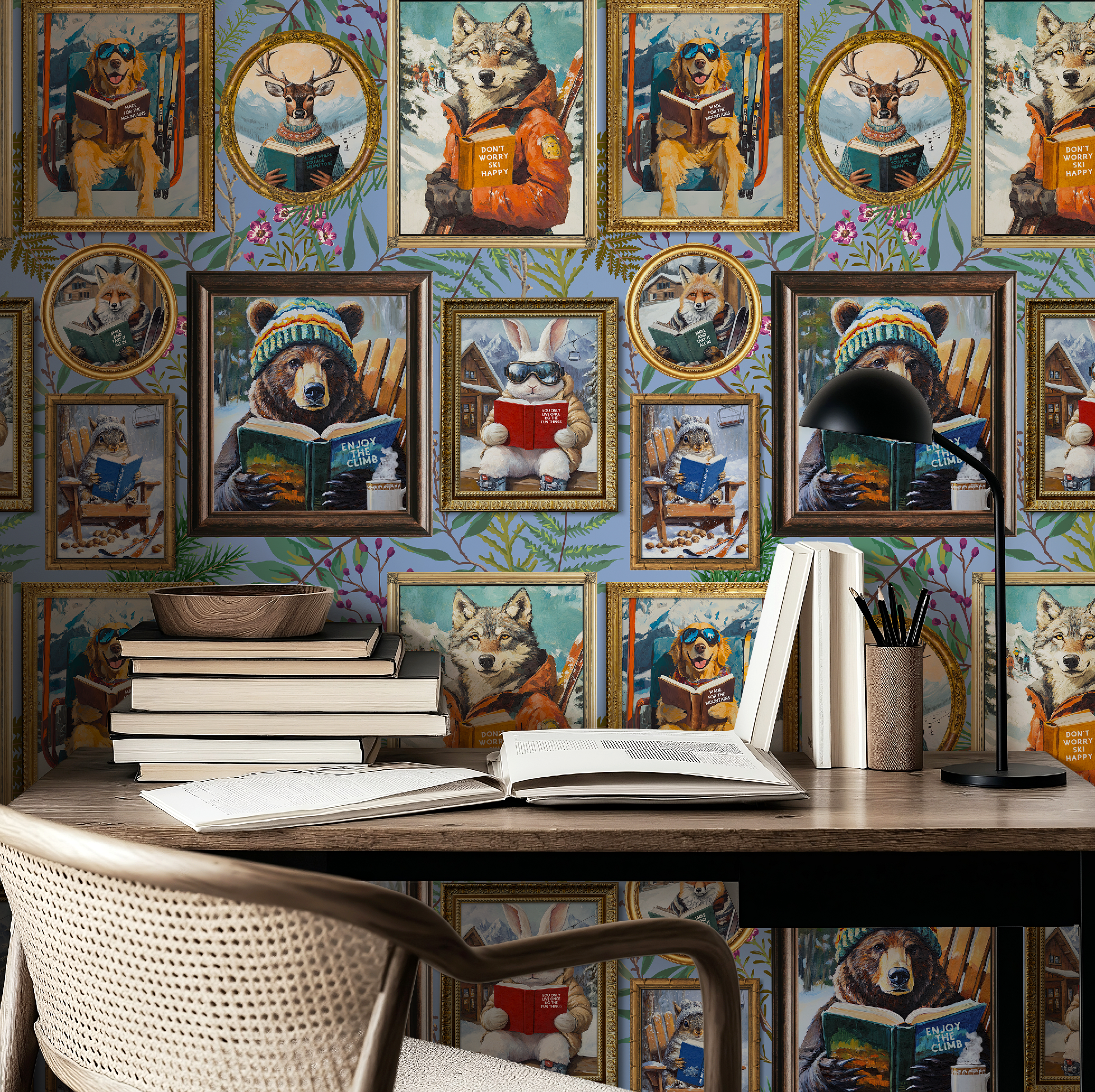 Whimsical Animals Reading Ski Lodge Blue Wallpaper