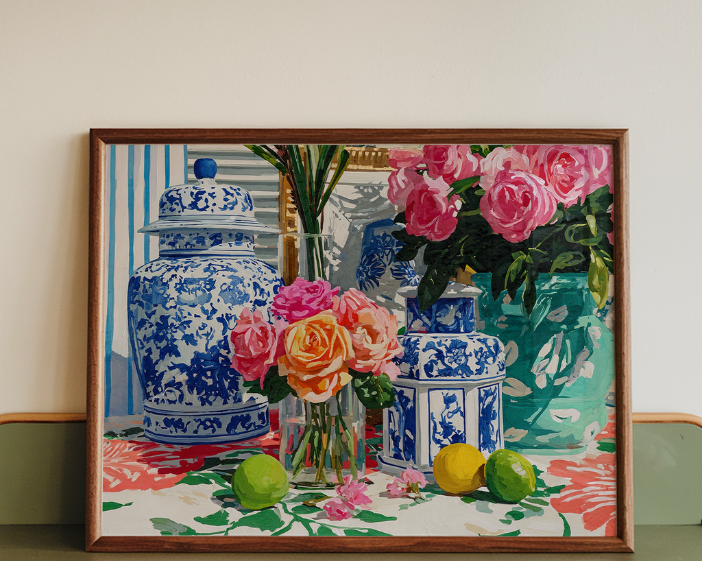 Grandmillennial Floral Still Life Art Print — Vintage Jars
