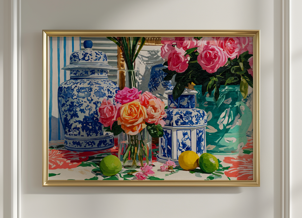 Grandmillennial Floral Still Life Art Print — Vintage Jars