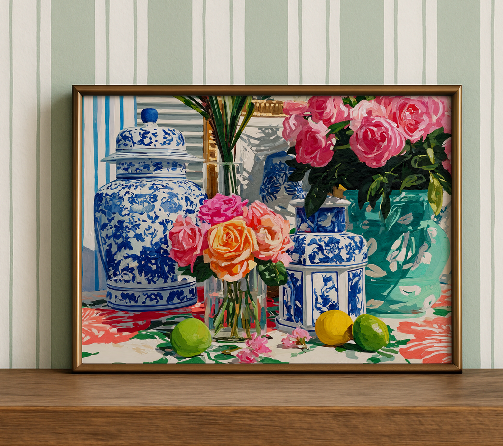 Grandmillennial Floral Still Life Art Print — Vintage Jars