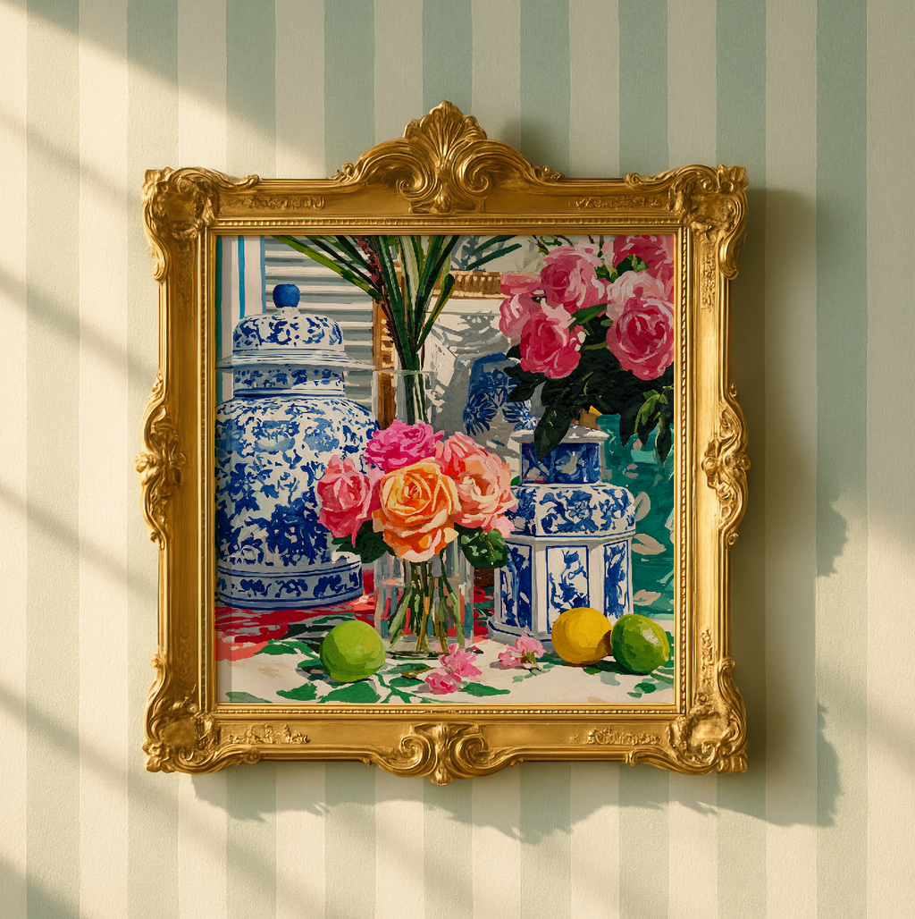 Grandmillennial Floral Still Life Art Print — Vintage Jars