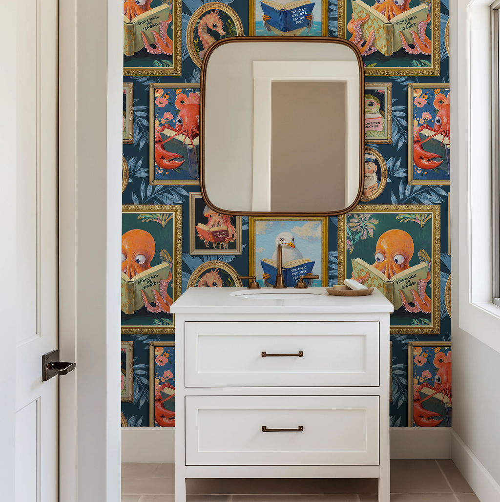 Whimsical Animals Reading Wallpaper - Coastal Beach House Version - Blue