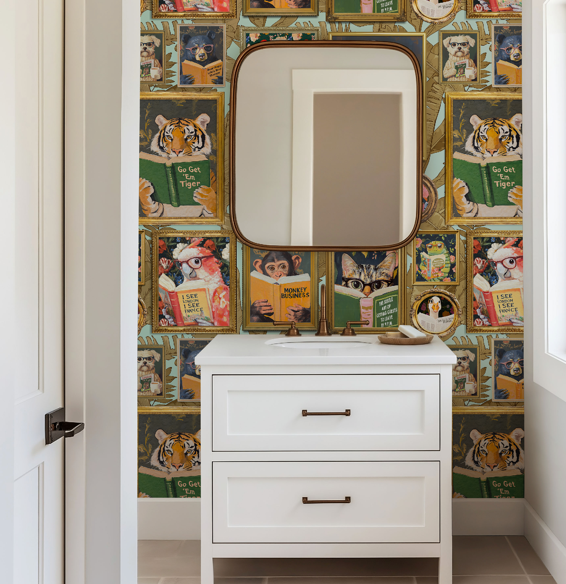 Whimsical Animals Reading Wallpaper - Version 2 - Coastal Blue