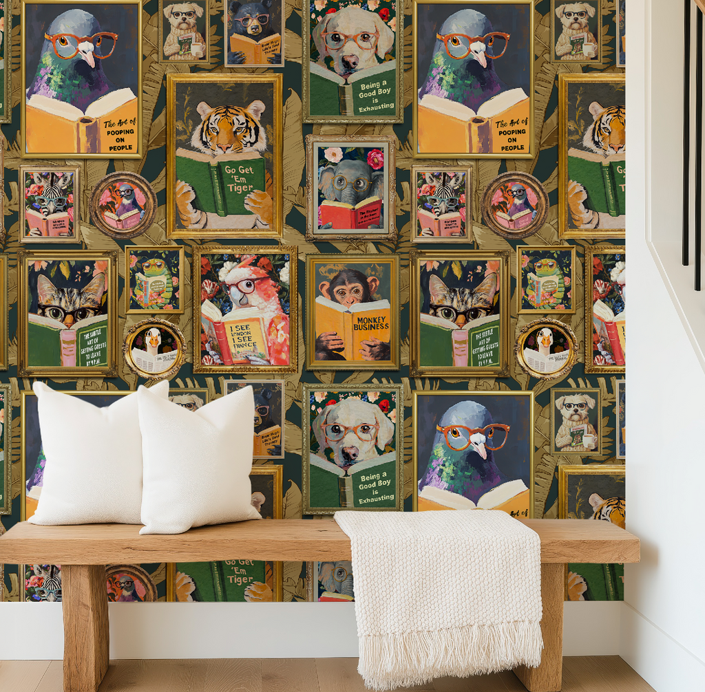 Whimsical Animals Reading Wallpaper - Version 2 - Blue