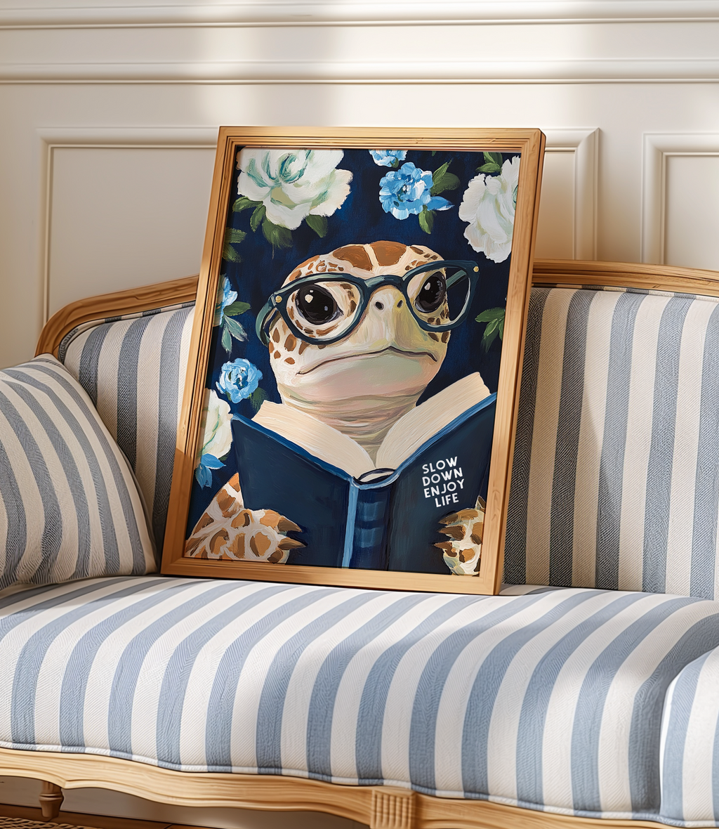 Sea Turtle Reading Enjoy Life Art Print - Funny Literary Animal Wall Blue Decor