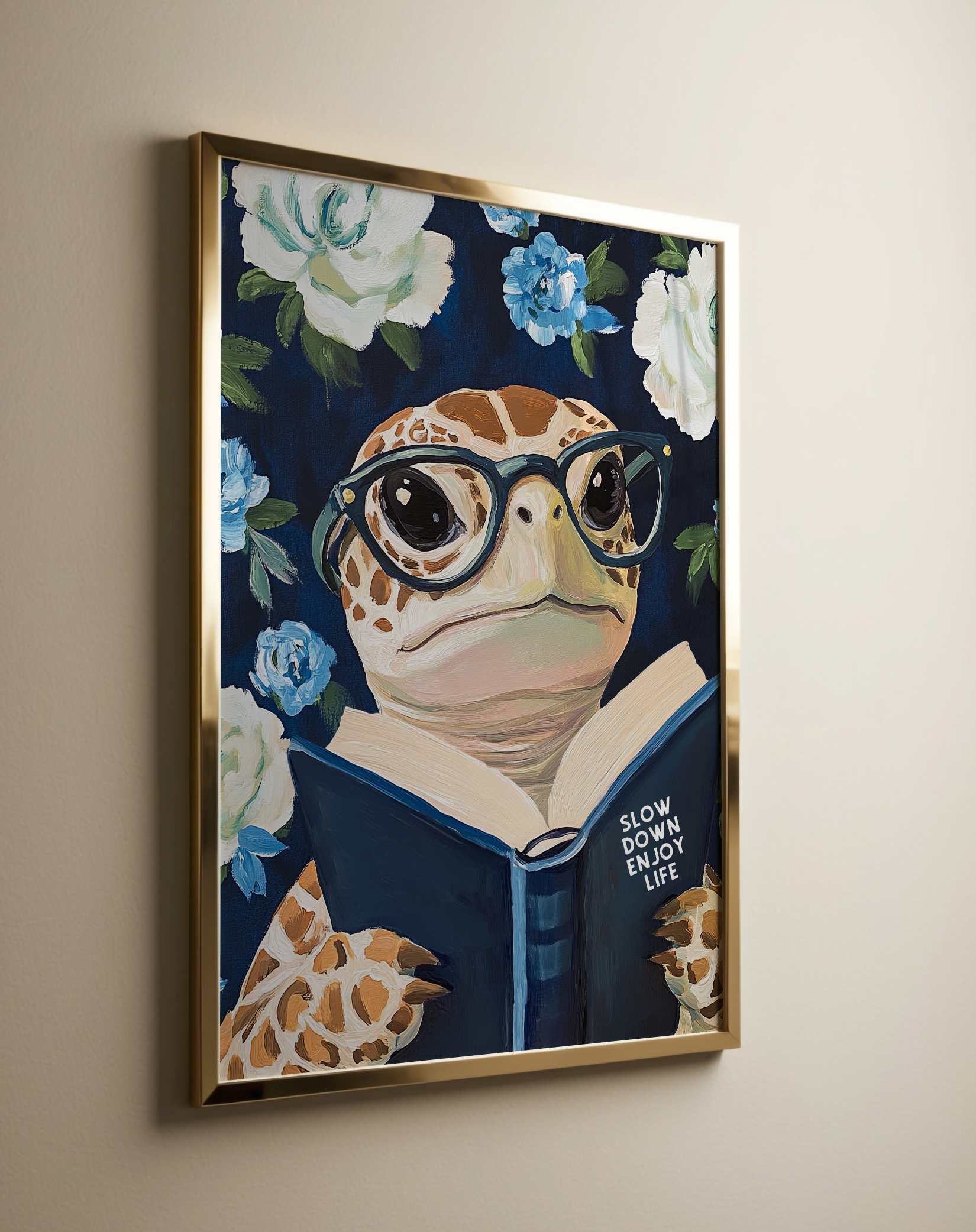 Sea Turtle Reading Enjoy Life Art Print - Funny Literary Animal Wall Blue Decor