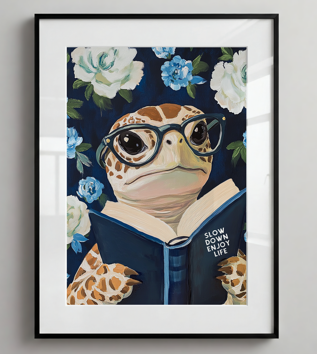 Sea Turtle Reading Enjoy Life Art Print - Funny Literary Animal Wall Blue Decor