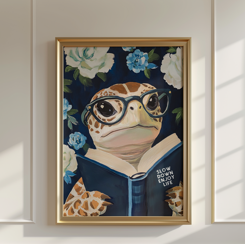 Sea Turtle Reading Enjoy Life Art Print - Funny Literary Animal Wall Blue Decor