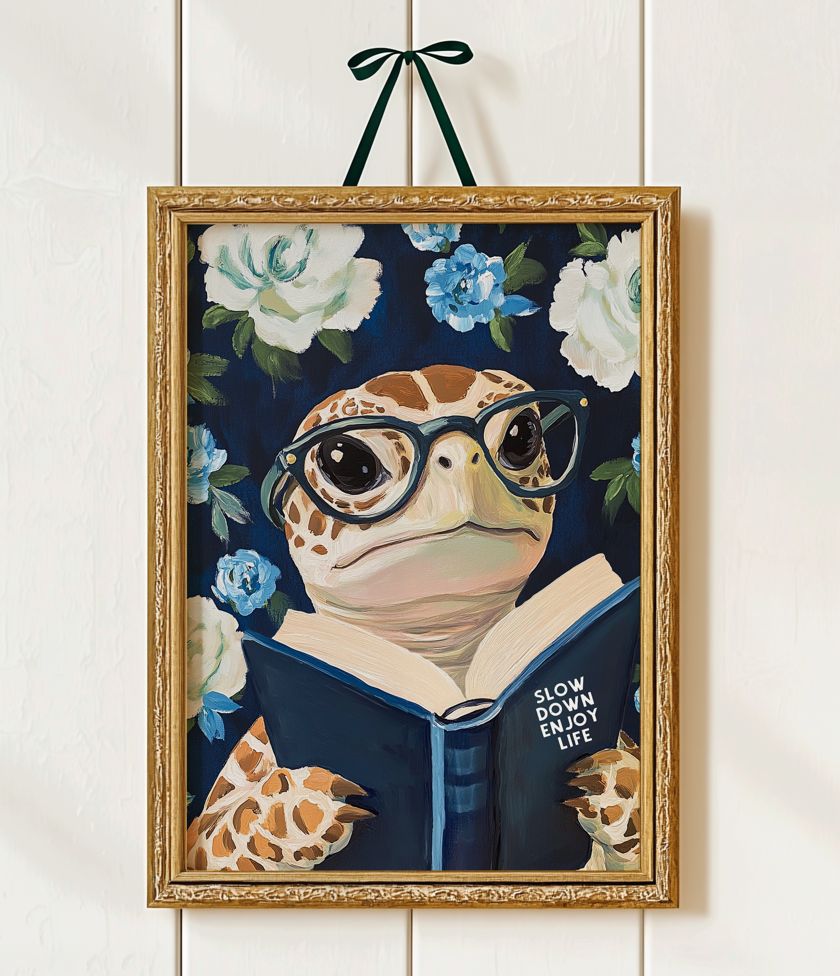 Sea Turtle Reading Enjoy Life Art Print - Funny Literary Animal Wall Blue Decor