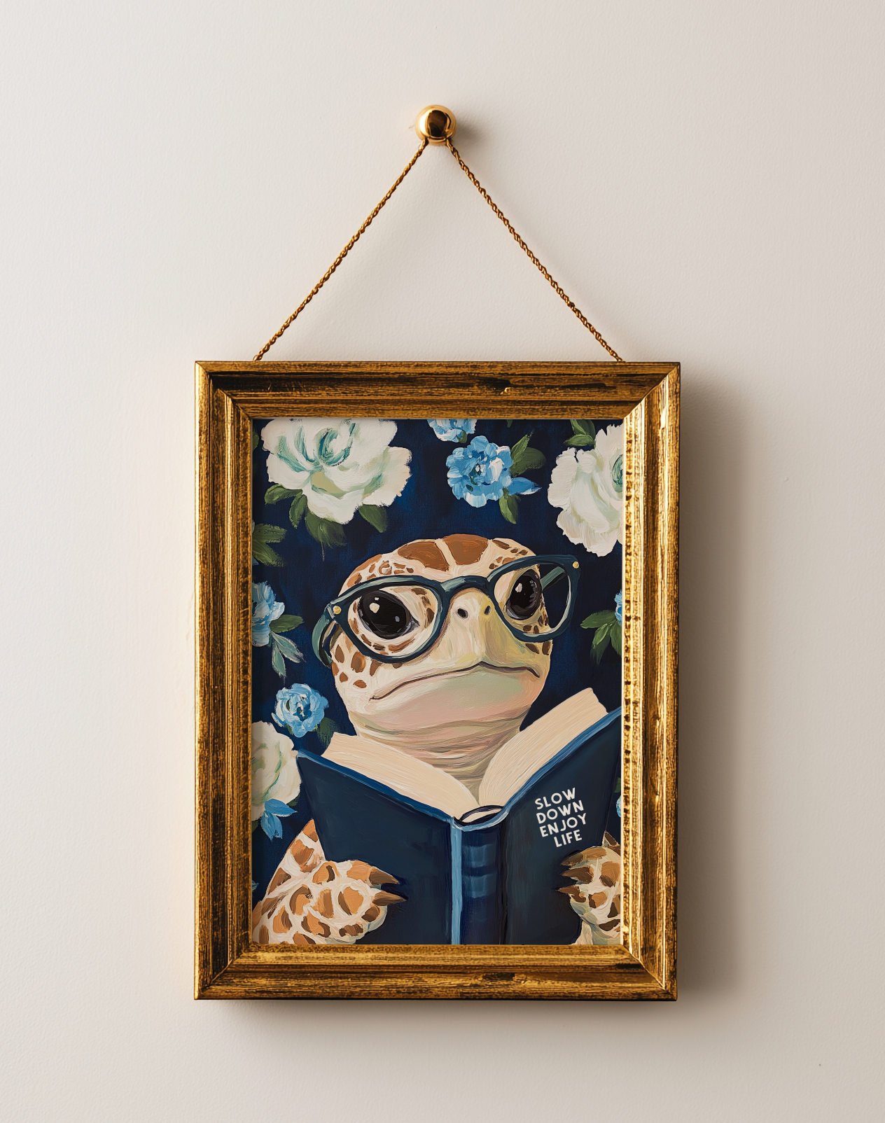 Sea Turtle Reading Enjoy Life Art Print - Funny Literary Animal Wall Blue Decor