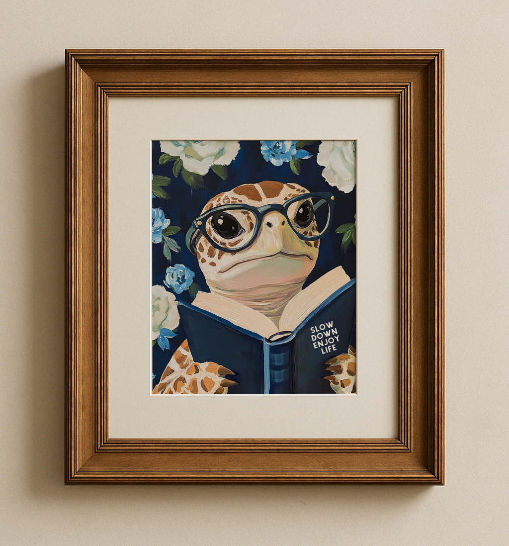 Sea Turtle Reading Enjoy Life Art Print - Funny Literary Animal Wall Blue Decor