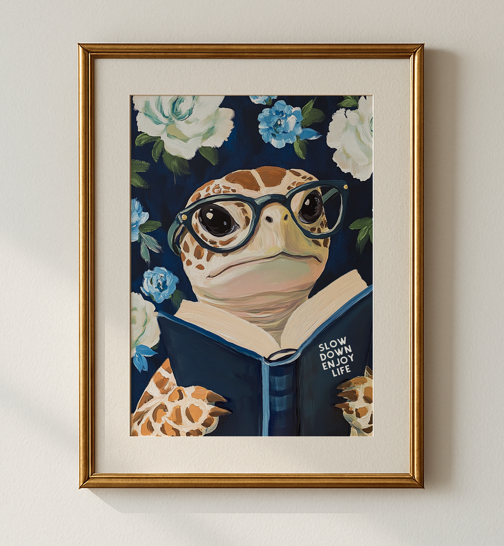 Sea Turtle Reading Enjoy Life Art Print - Funny Literary Animal Wall Blue Decor