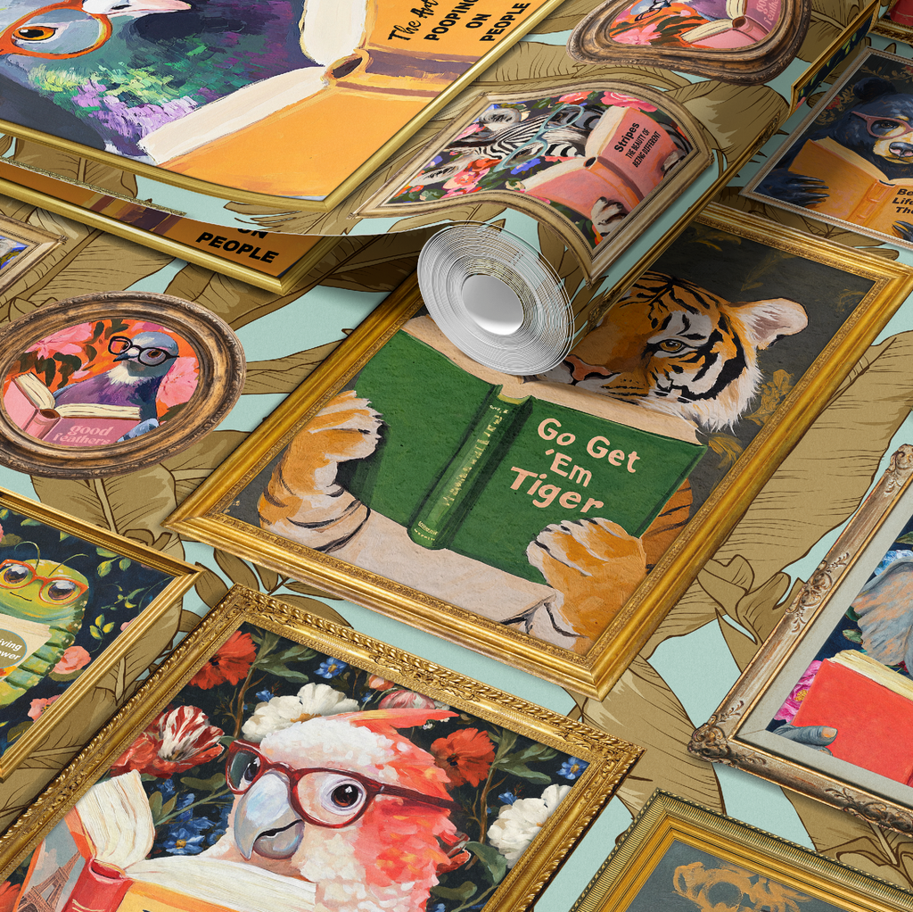 Whimsical Animals Reading Wallpaper - Version 2 - Coastal Blue
