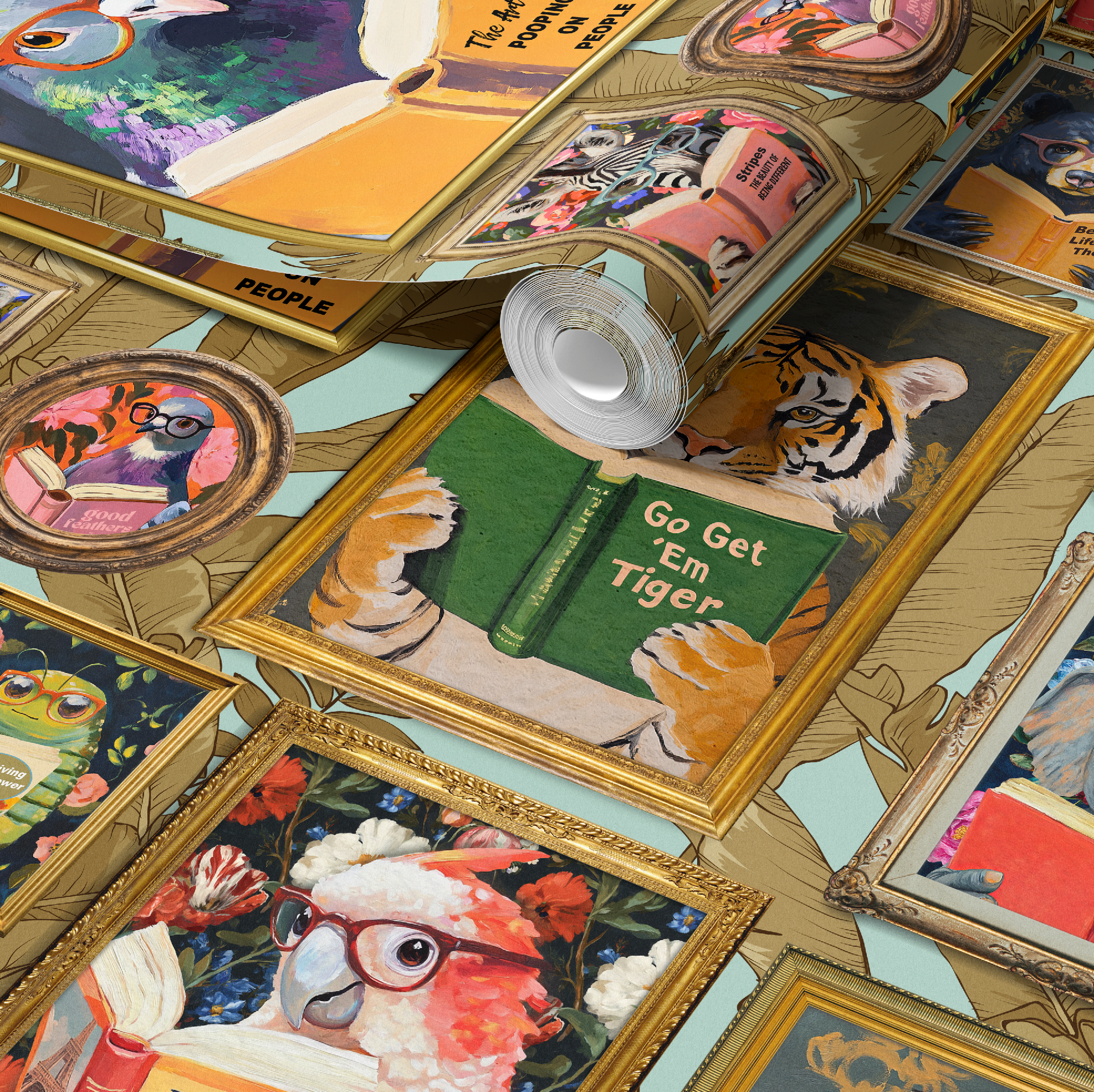 Whimsical Animals Reading Wallpaper - Version 2 - Coastal Blue