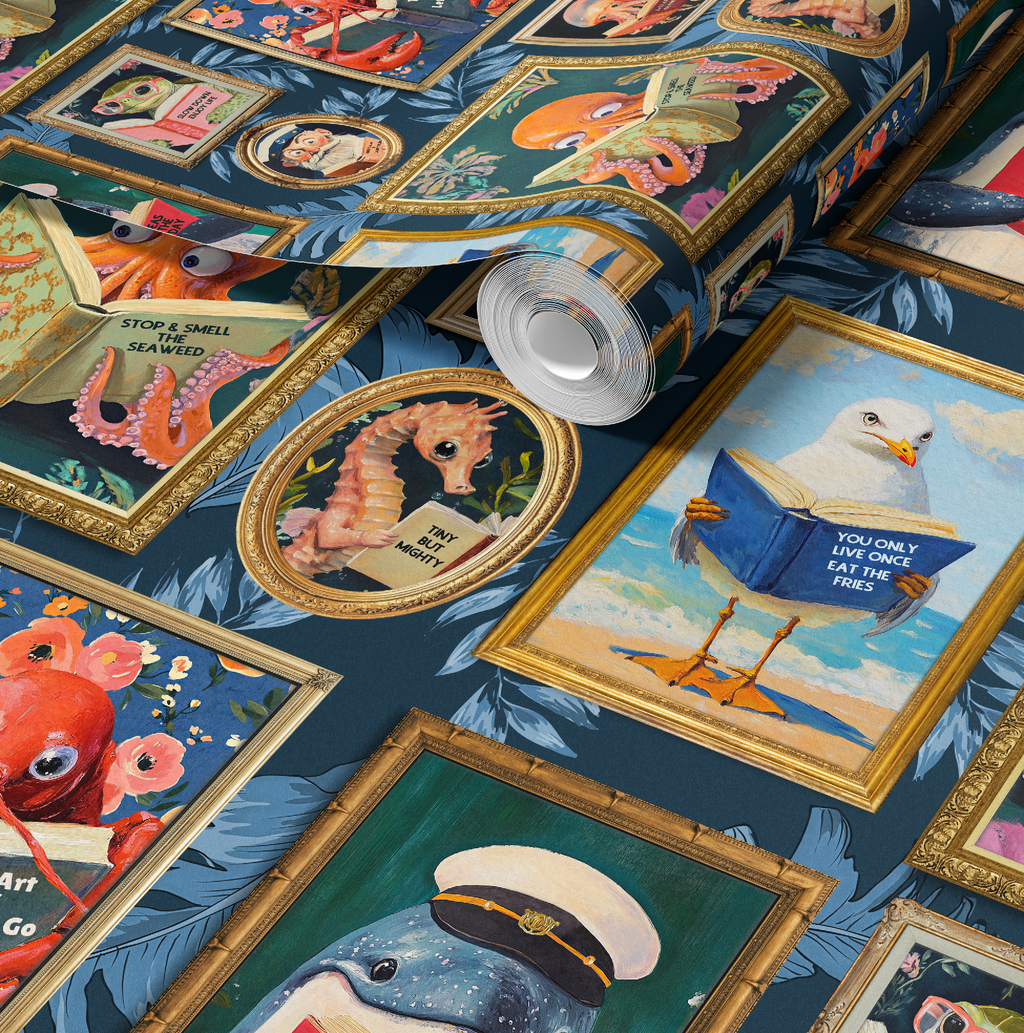 Whimsical Animals Reading Wallpaper - Coastal Beach House Version - Blue