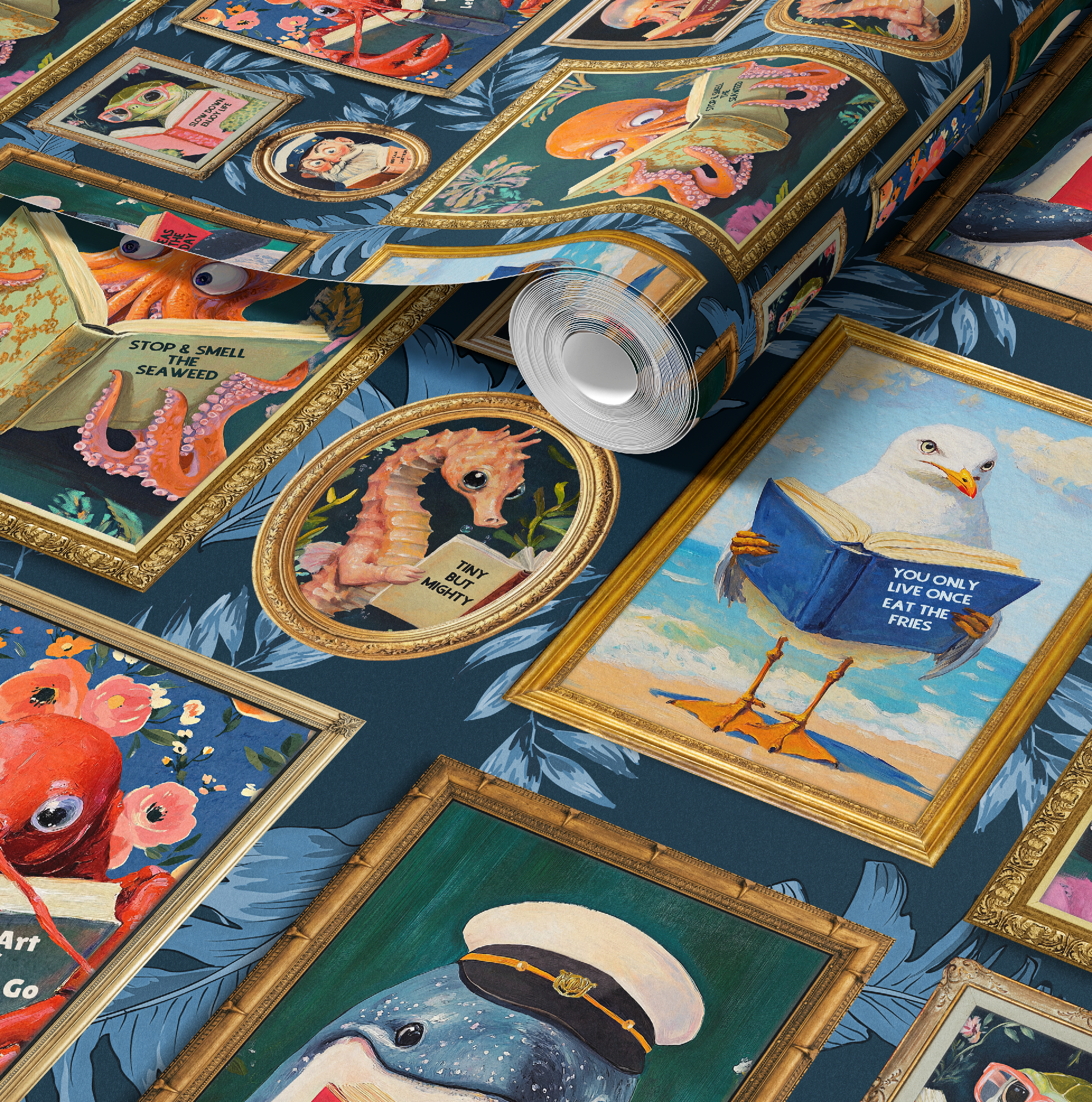 Whimsical Animals Reading Wallpaper - Coastal Beach House Version - Blue