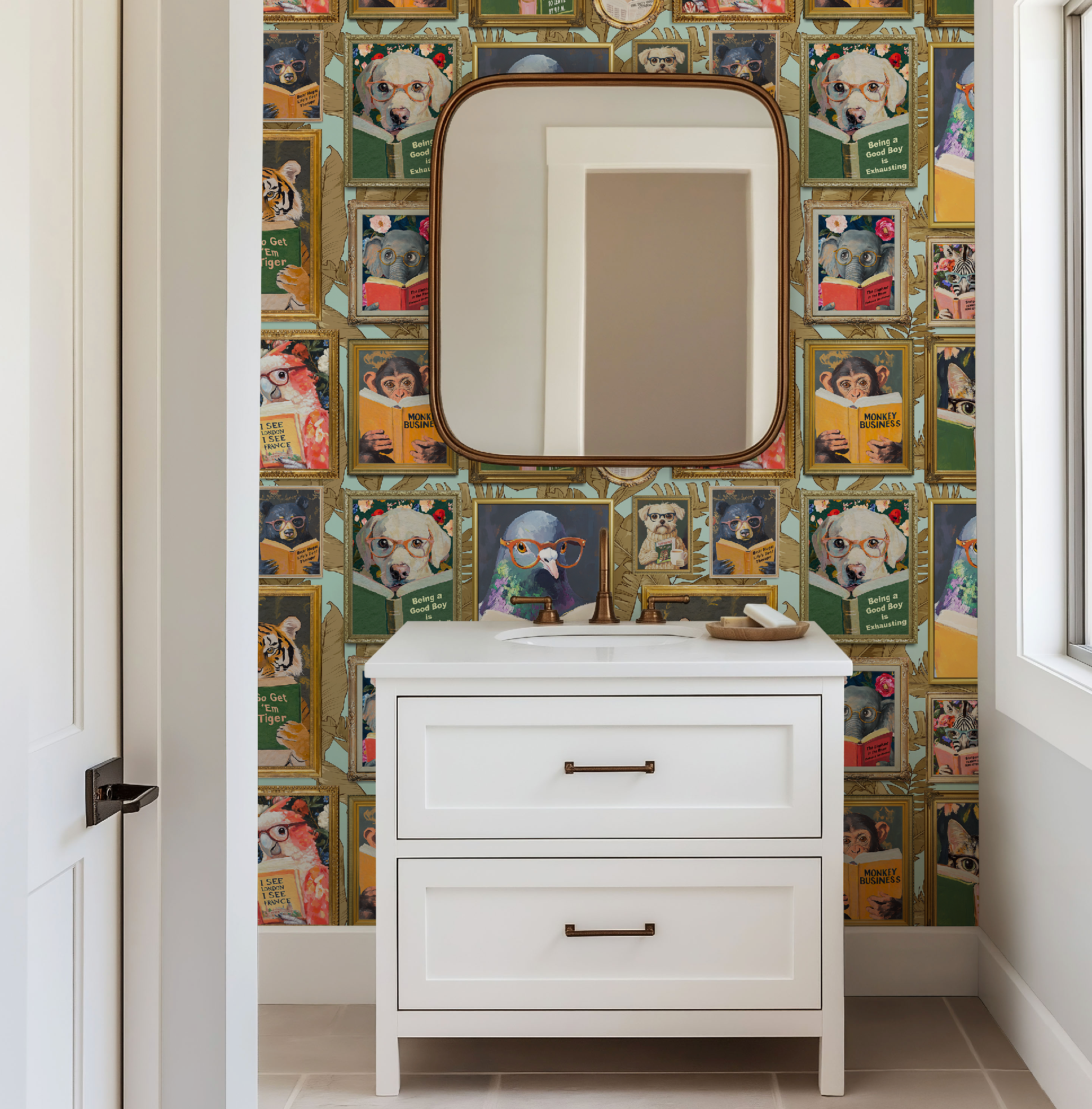 Whimsical Animals Reading Wallpaper - Version 2 - Coastal Blue