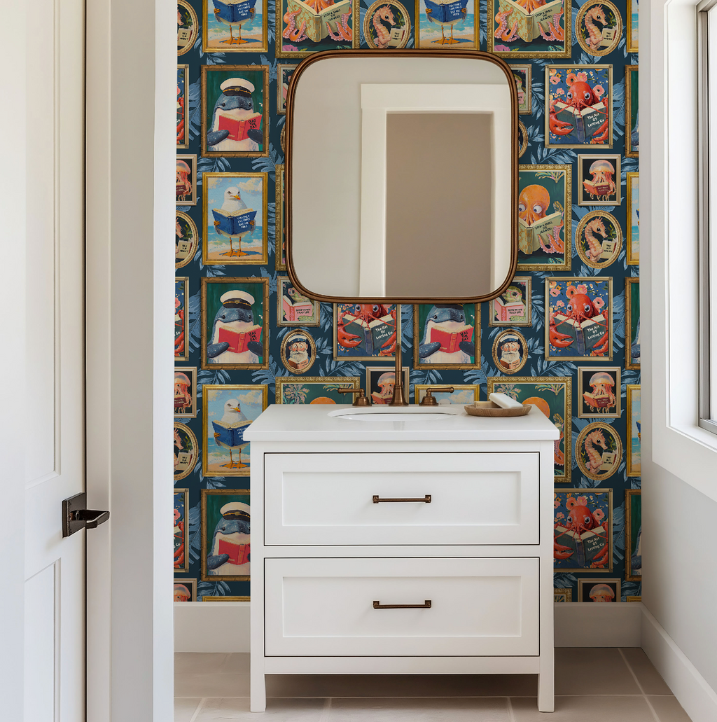 Whimsical Animals Reading Wallpaper - Coastal Beach House Version - Blue