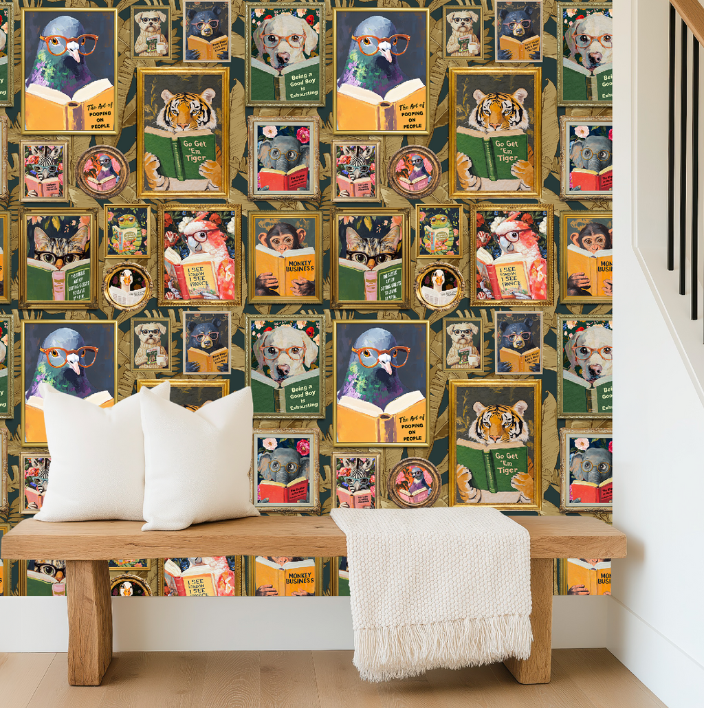Whimsical Animals Reading Wallpaper - Version 2 - Blue