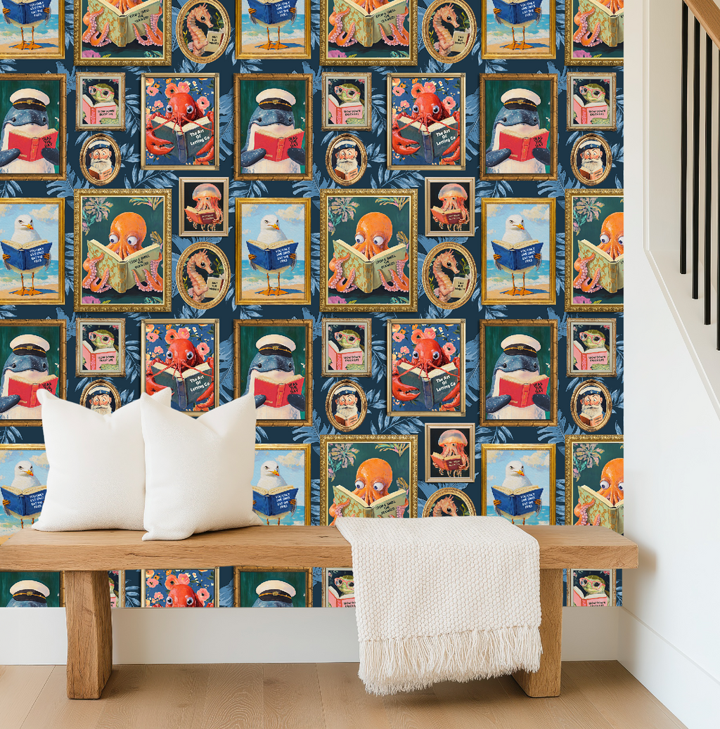 Whimsical Animals Reading Wallpaper - Coastal Beach House Version - Blue