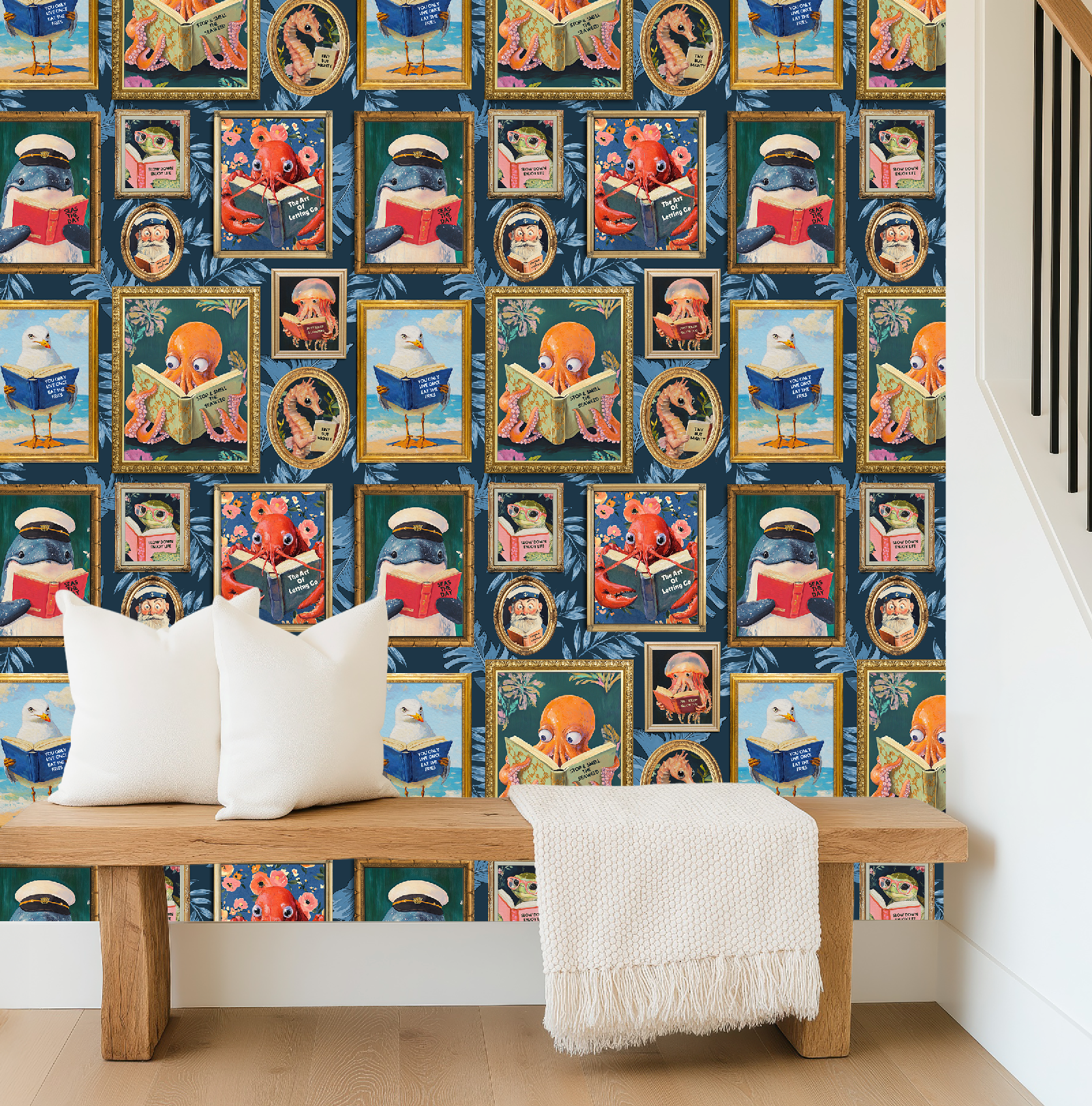 Whimsical Animals Reading Wallpaper - Coastal Beach House Version - Blue