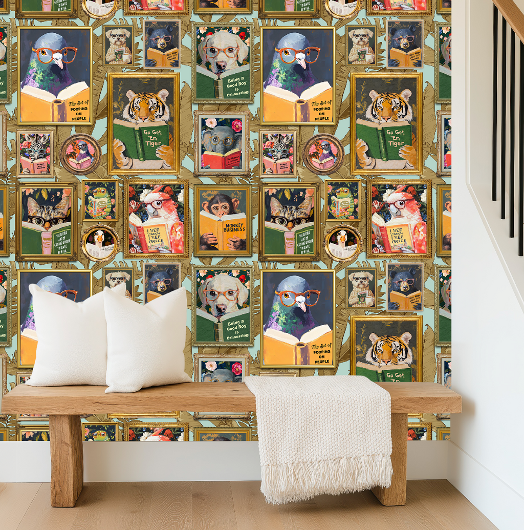 Whimsical Animals Reading Wallpaper - Version 2 - Coastal Blue