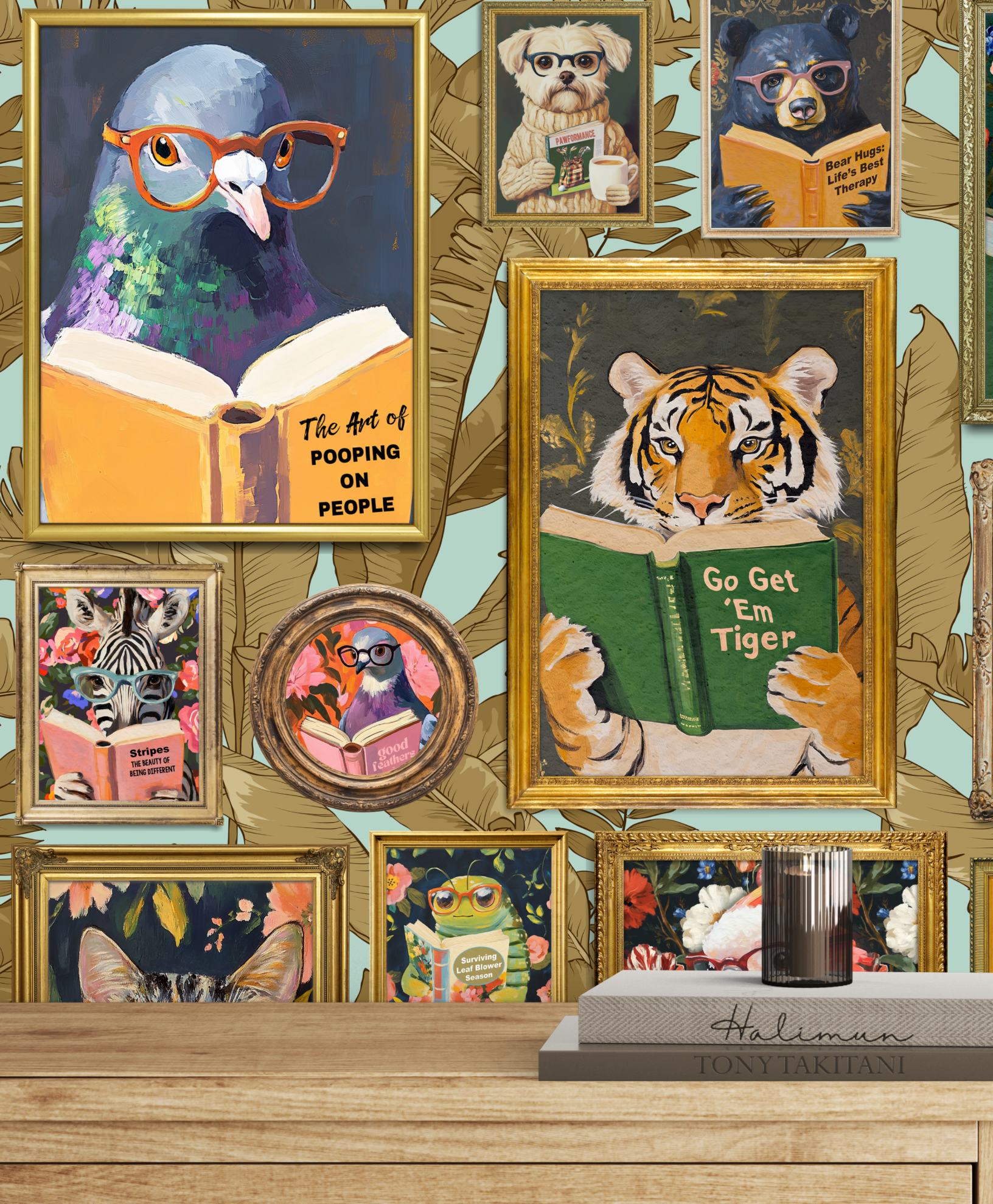 Whimsical Animals Reading Wallpaper - Version 2 - Coastal Blue