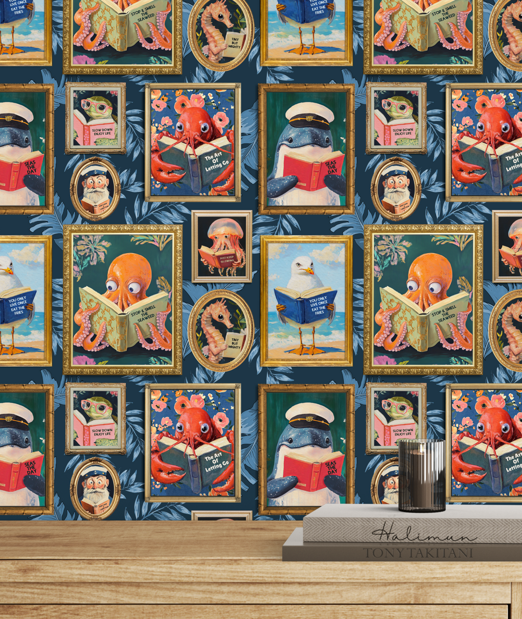 Whimsical Animals Reading Wallpaper - Coastal Beach House Version - Blue