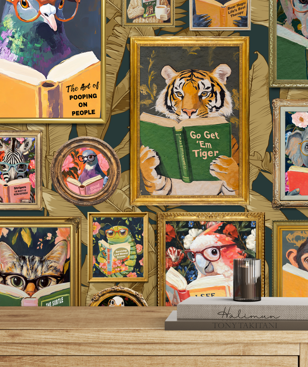 Whimsical Animals Reading Wallpaper - Version 2 - Blue