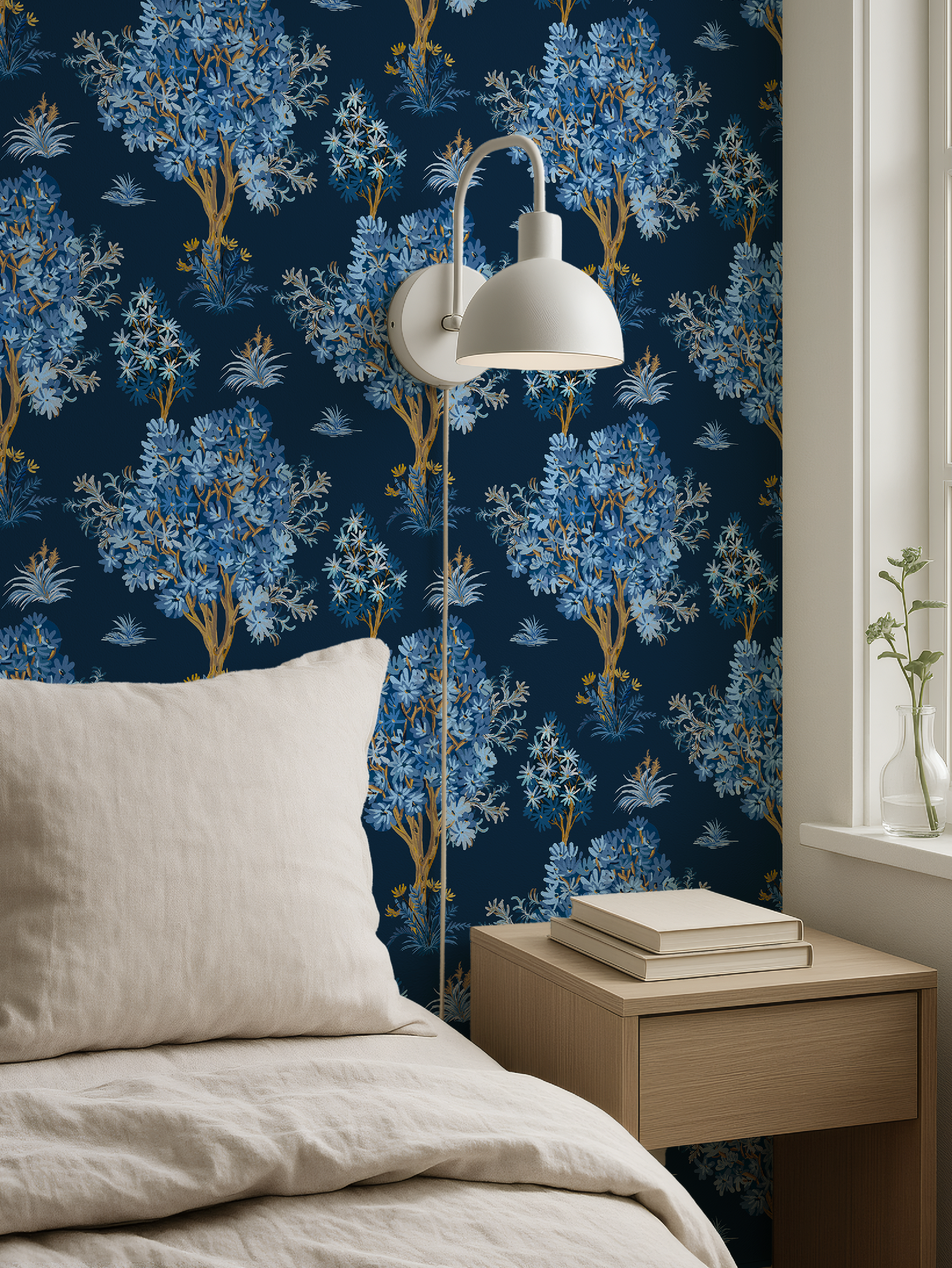 Ornamental Blue Trees in Navy, Vintage Floral Wallpaper, Moody Botanical - Wallpaper
