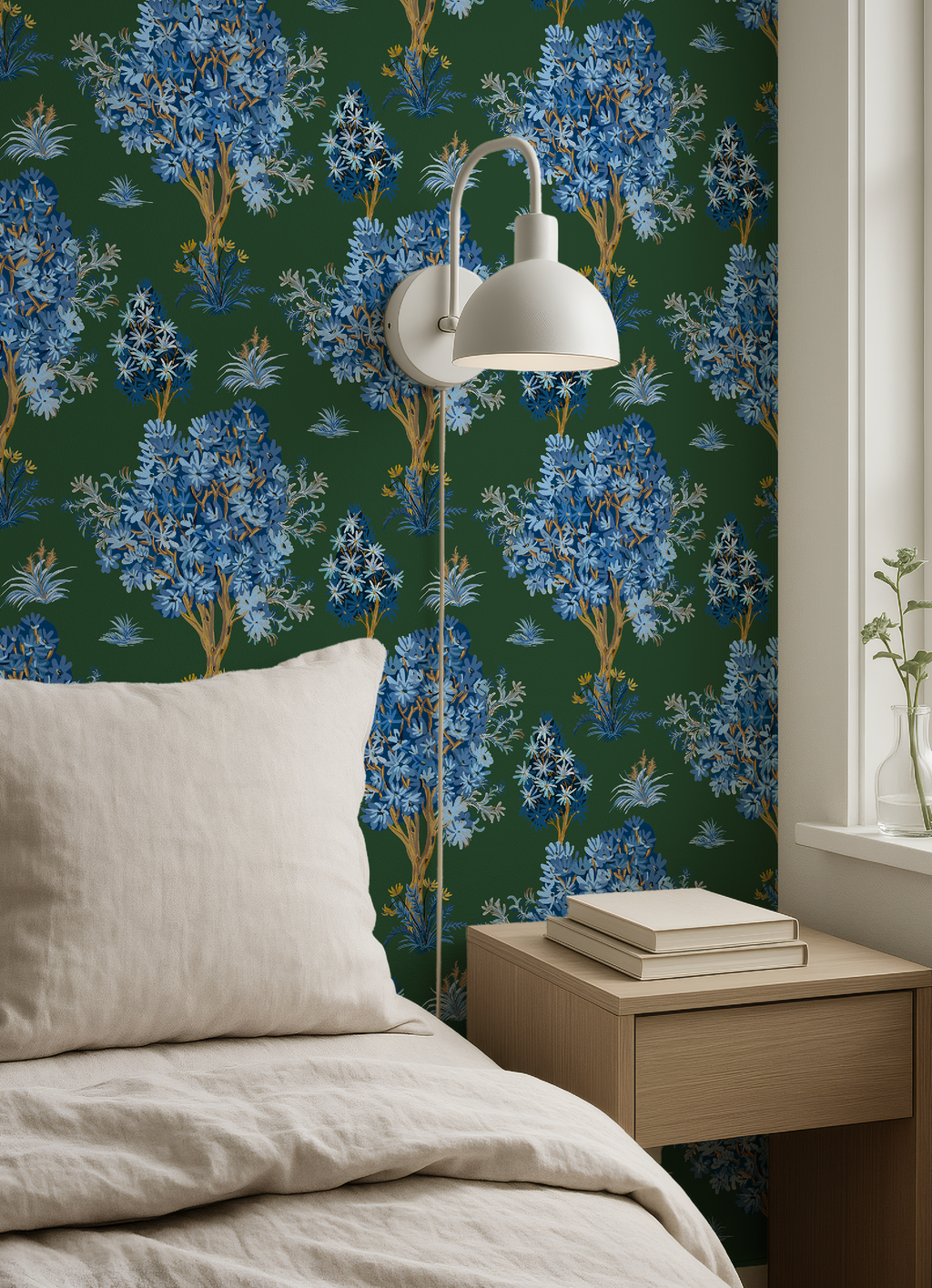 Ornamental Blue Trees in Green, Vintage Floral Wallpaper, Moody Botanical - Wallpaper