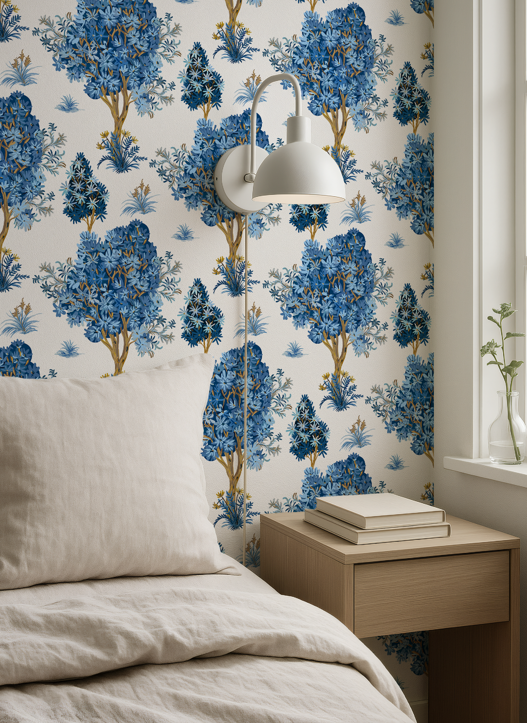 Ornamental Blue Trees in White, Chinoiserie Floral Trees - Wallpaper